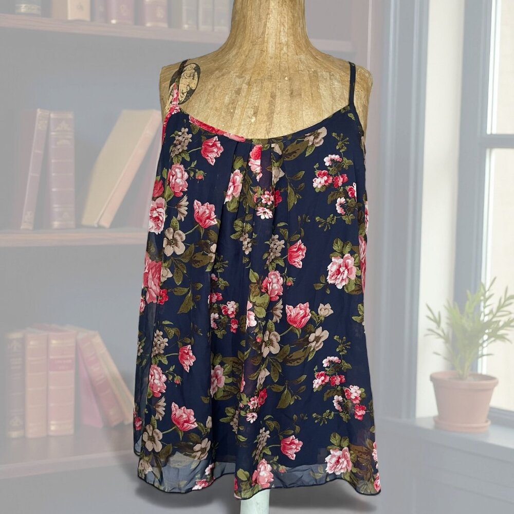 Ssoulm Women 2XL Navy Floral Tank Top Plus Size Office Cottage Peasant Pleated